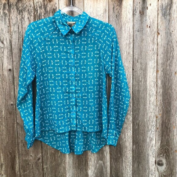 Vintage Pout Dragonfly Open Cutout Back Blue Button Down Blouse Top Medium - Picture 2 of 8